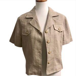 Ali Miles Vintage Linen Minimalist Cropped Short Sleeve Button Down Blazer M
